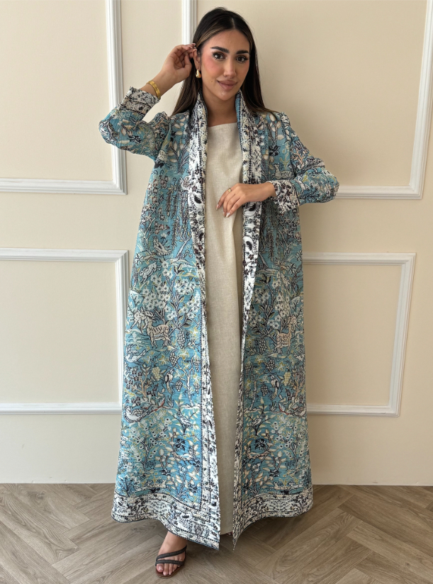 Print Abaya Pleated Print Abaya, Length 57, Comes with Belt. Abayas from Classic Modern at Boksha