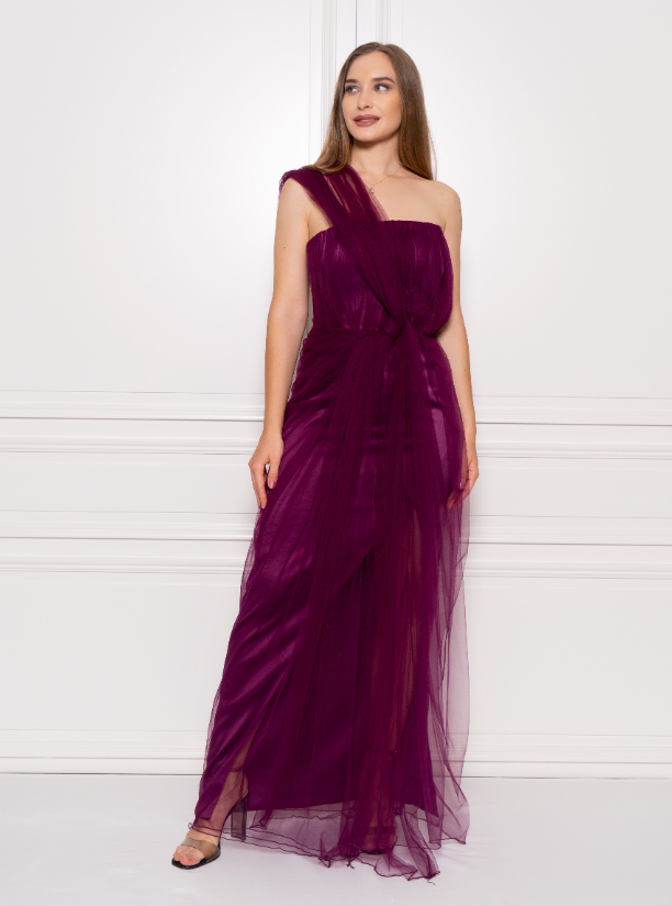 Royal Dress Adjustable strap royal purple gown featuring a slit for those majestic moments. Dresses from Safa Kerem at Boksha