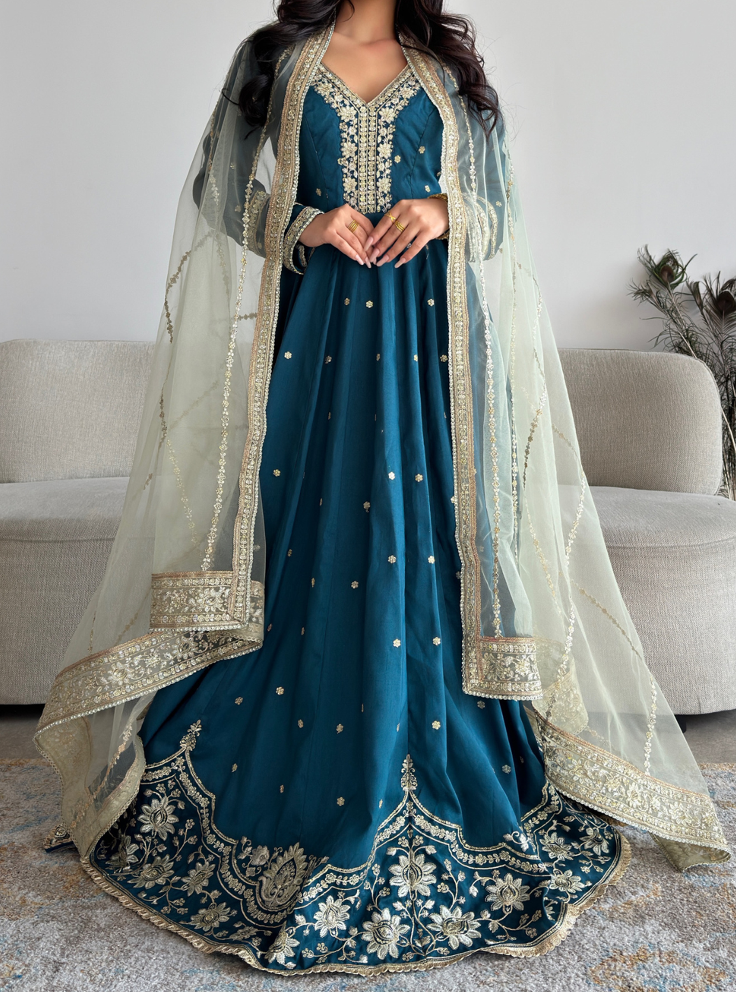 Dress Indian Dress in turquoise blue color with golden embroidery. Dresses  from Jelbab Boutique at Boksha