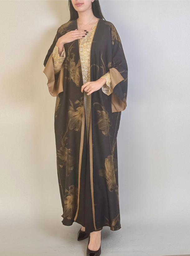 Luxury Starlit Bloom Embellished Open Abaya - Gold