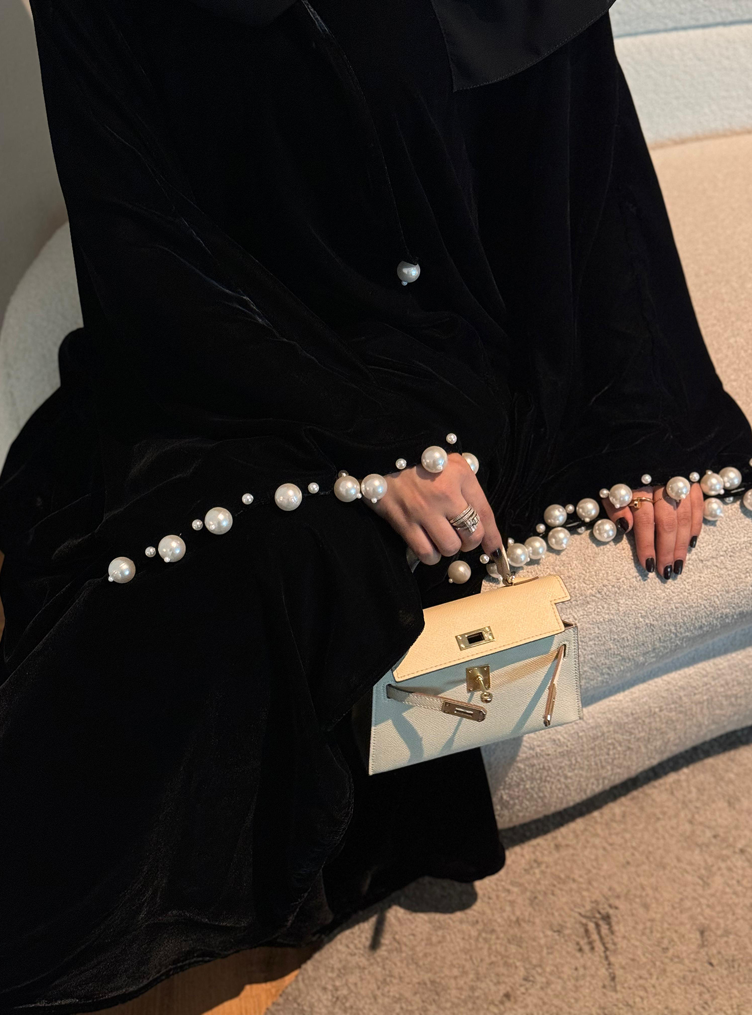 Luxury Velvet Abaya Designed with Pearls in The Hands & Matching Headscarf. Luxury Velvet Abaya Designed with Pearls in The Hands & Matching Headscarf.